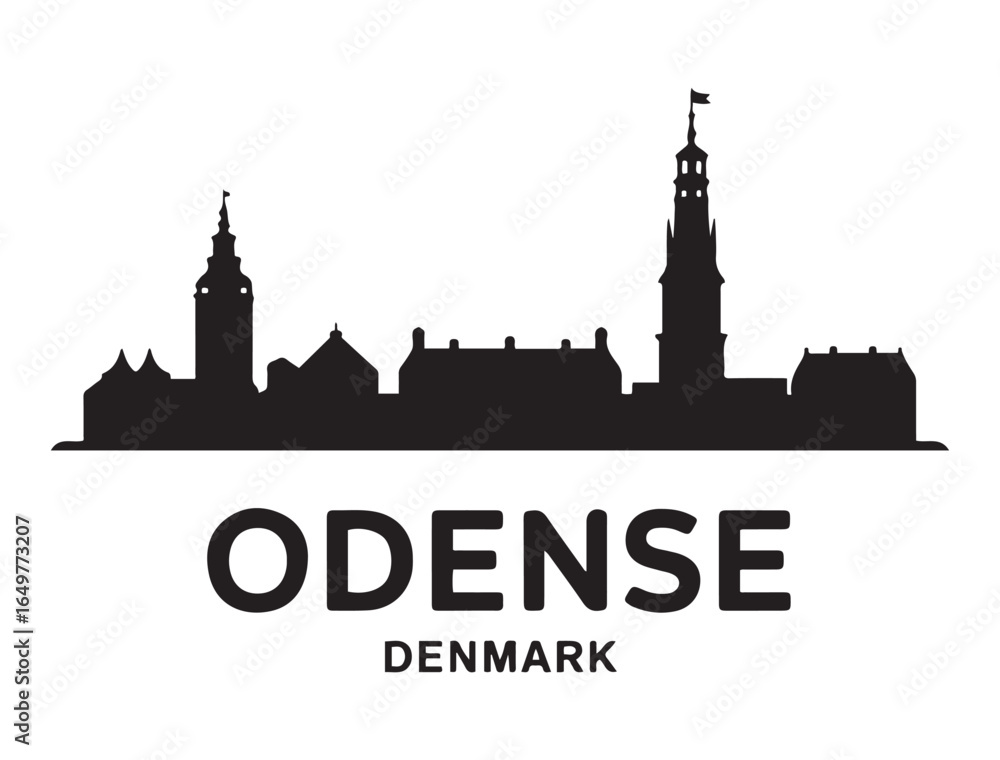 Naklejka premium Odense skyline horizontal banner. Odense, Denmark. Vector template for your design. Vector black silhouette. with white background