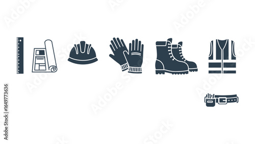 Construction Safety Kit: A comprehensive illustration showcasing essential construction safety gear. This monochrome graphic highlights a ruler, blueprint, hard hat, gloves, work boots, vest.