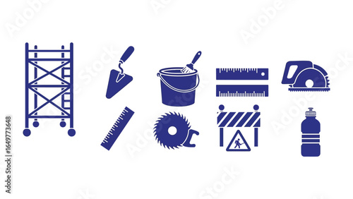 Construction tools, Engineering Instruments: This minimalist design showcases a curated set of essential construction tools and engineering instruments in a vibrant illustration style.