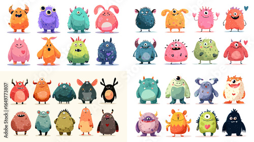 Vector illustration set of funny monster characters in bright colors and playful styles. Cute fantasy creatures collection for kids and comic design.