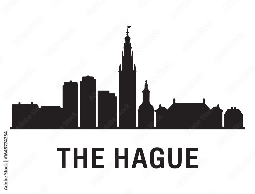 Fototapeta premium The Hague skyline horizontal banner. The Hague City, Netherland. Vector template for your design. Vector black silhouette. with white background