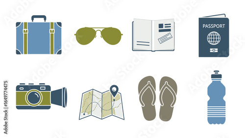 Essentials for Travel: An array of travel essentials, meticulously arranged for adventure, featuring a suitcase, passport, map, camera, sunglasses, and other must-haves to inspire the wanderlust.