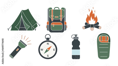 Camping Essentials: A collection of illustrated icons, perfect for travel and outdoor adventures, features essential gear, ideal for travel and outdoor adventure. 
