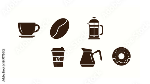 Coffee Essentials: A visually appealing array of coffee-related icons, including a cup, coffee bean, french press, takeaway cup, coffee pot, and donut.