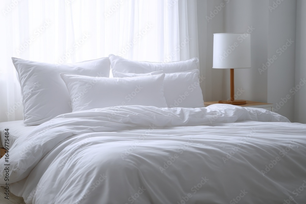Obraz premium Pristine White Bedroom Setting. Cozy Bed with Sleek Bedclothes and Clean Duvet Styling