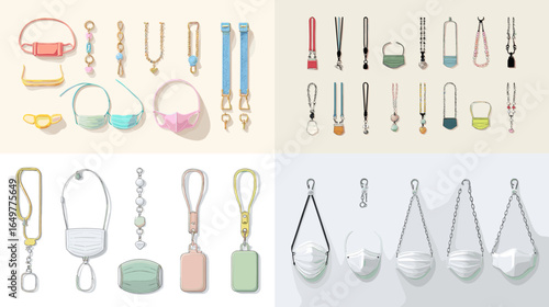 Vector illustration of colorful mask accessories, lanyards, and straps collection. Modern design set for hygiene and daily lifestyle use.