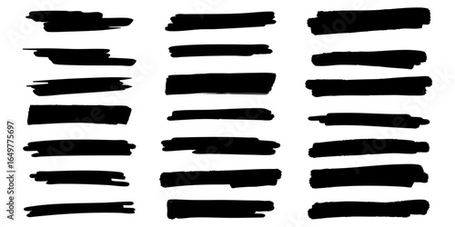 Marker or brush stroke set. Black handdrawn paint lines. Collection of simple dirty free hand stripes for grunge designs. Vector illustration isolated on a white background in flat style