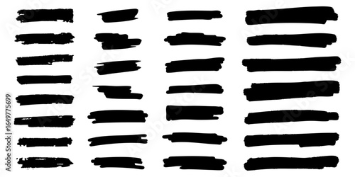 Marker or brush stroke set. Black handdrawn paint lines. Collection of simple dirty free hand stripes for grunge designs. Vector illustration isolated on a white background in flat style