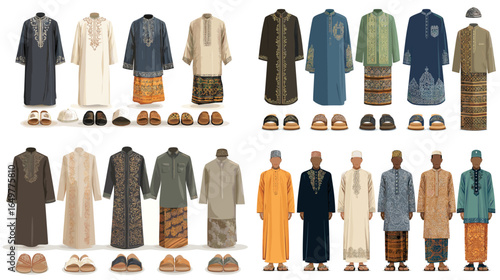 Illustration of men’s traditional Islamic clothing including baju koko, sarong, robe, and sandals. Modest wear collection for prayer and cultural events.