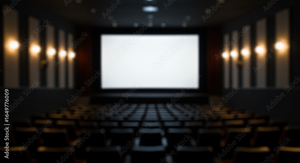 Obraz premium Defocused Interior of a Luxury Movie Theater with Symmetrical Wall Lights and Seating for Film Festival and Cinema Advertisement Backgrounds