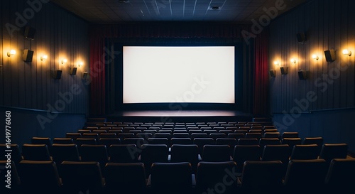Wide Interior of Professional Movie Theater with Wall Mounted Speakers and Warm Sconce Lighting Facing a Blank White Screen for Cinema Advertisement