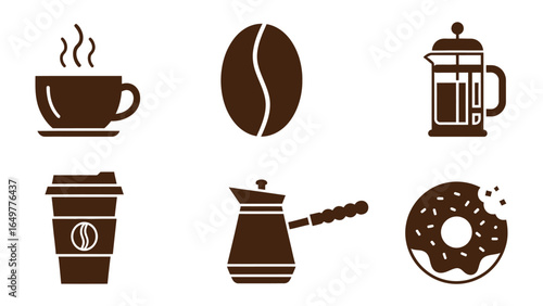 Coffee and Delights: A set of coffee-themed illustrations, a coffee bean, a cup of hot coffee, french press, to-go cup, turkish coffee pot and a delicious donut, all illustrated in a simple.