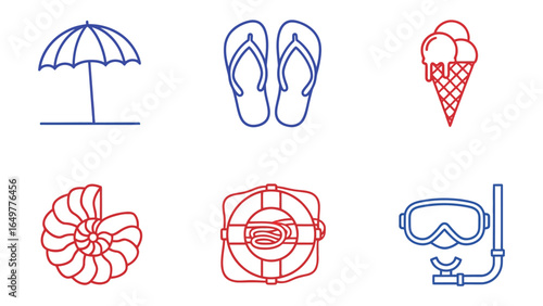 Summer Fun Icons: A collection of captivating icons, depicting a sun umbrella, flip-flops, ice cream cone, seashell, life buoy and snorkel mask.