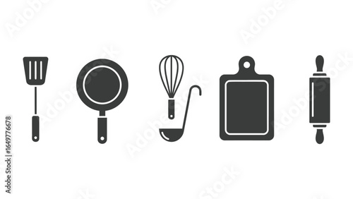Culinary Essentials: A monochromatic array of essential kitchen tools, artfully arranged. This image presents a set of necessary items.  