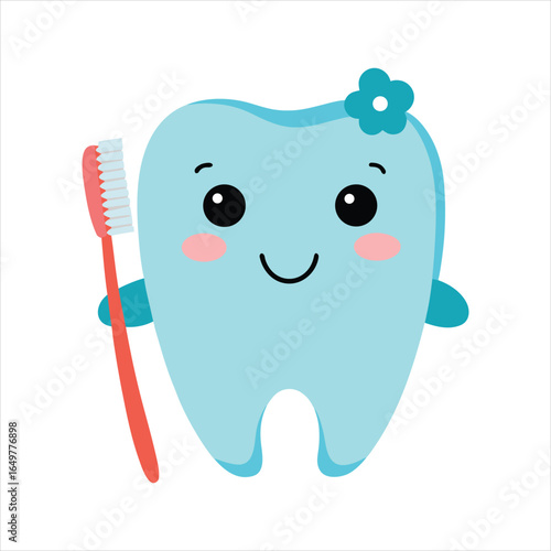 Cute Tooth Cartoon with Toothbrush Vector Art