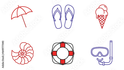 Summer Fun Icons: A vibrant collection of simple icons. Featuring umbrella, flip-flops, ice cream cone, seashell, lifebuoy and diving mask, captures the essence of carefree days and endless sunshine.