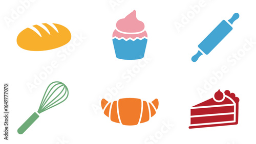 Baking essentials collection: A vibrant assortment of essential baking elements, including bread, cupcake, rolling pin, whisk, croissant, and cake, arranged to showcase the joy of the culinary art.