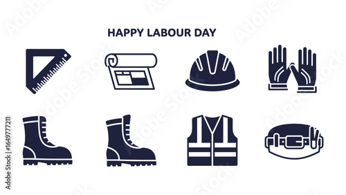 Labor Day Construction Icons: A minimalist illustration features a grid of essential construction tools and safety equipment.