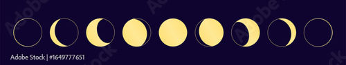 Lunar, moon phases, gold elements, isolated on blue background. Flat vector illustration. Celestial design, clip art set, space banner. Cosmos, galaxy, astronomy astrology graphics