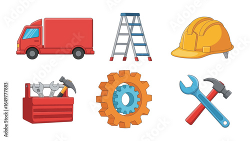 Industrial Tools: A meticulously crafted set of industrial tools and equipment, featuring a red delivery truck, a sturdy ladder, a protective hardhat, a fully stocked toolbox, a detailed gear.