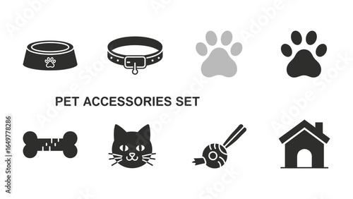 Pet Essentials: A graphic collection of essential pet supplies, including a food bowl, collar, paw prints, bone, cat face, toy and house icon, perfect for pet-related projects. 