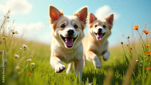 Playful Corgis Running Through Wildflowers