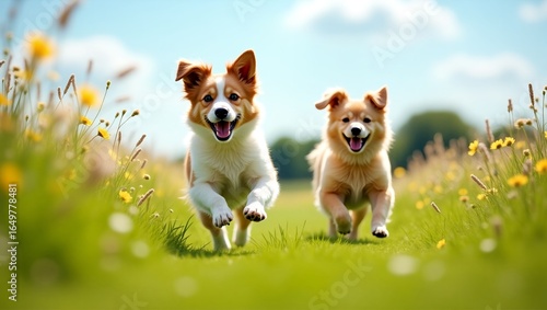 Two Corgis Joyfully Running in Flower Field