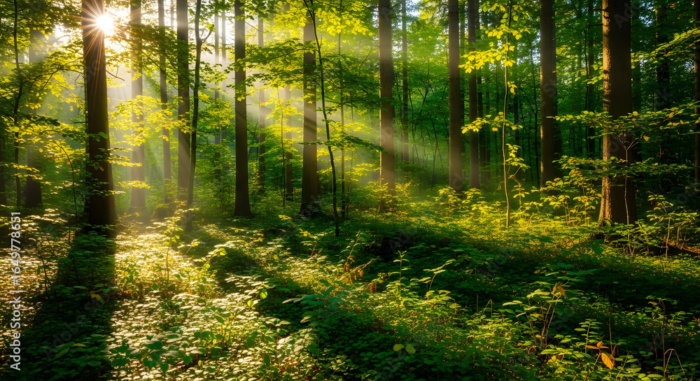 Obraz premium Sunlight Streaming Through Trees in a Lush Forest