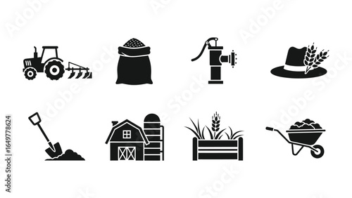 Farm life Icons: Illustrated vector collection of farm related objects. Showcasing iconic farm symbols like tractor, barn, hat. conveying a sense of rural charm and agricultural life. 