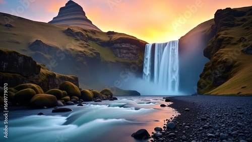 Towering Waterfall in Golden Hour Light with Rugged Mountains