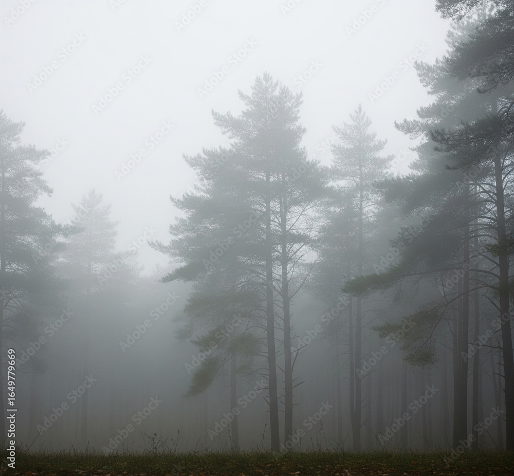 Fototapeta premium Misty pine forest with tall trees shrouded in fog