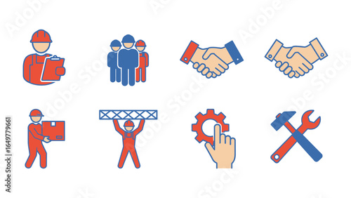 Construction Icons Illustration: A collection of colorful icons depicting various aspects of the construction industry. Icons representing worker, teamwork, deal.