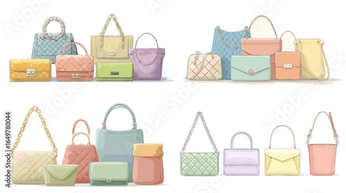 Illustration set of women’s handbags, purses, and tote bags in pastel and elegant colors. Fashion accessories for modern lifestyle and stylish outfit design.