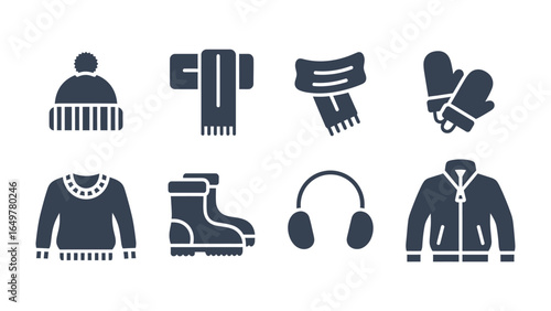 Winter Collection Icons: A curated set of winter clothing items including a beanie, scarf, mittens, sweater, boots, earmuffs, and jacket, perfect for representing the essence of cold-weather apparel.
