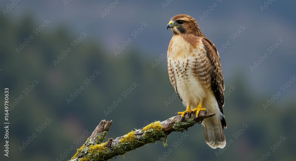 Fototapeta premium Close-up of Broad-winged Hawk perched on branch against green forest, side view of majestic bird of prey in wild habitat, nature and wildlife photography.