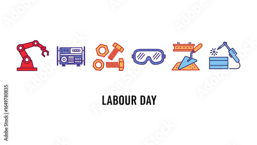 Labor Day Elements Illustration: A vibrant illustration celebrating Labor Day, featuring key symbols of the industry and work
