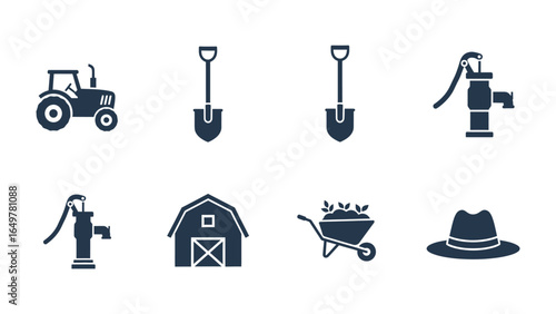 Farm tools: Farm implements are arranged in an artful collage, capturing the essence of agrarian life with tools like a classic tractor, sturdy shovels, a timeless barn, and a timeless hat.