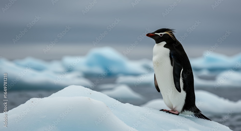 Obraz premium Southern Rockhopper Penguin with yellow crest feathers standing on white ice, Eudyptes chrysocome profile shot in a polar seascape with blurred icebergs.