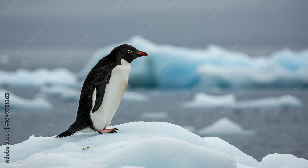 Fototapeta premium Adélie Penguin with white eye ring and red beak standing on a snowy ice floe, Pygoscelis adeliae in a vast Antarctic polar landscape with icebergs.