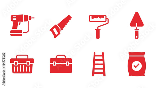 Tools of the Trade: An illustration set of iconic hand tools with vivid red color for house construction, renovation and repair, providing a comprehensive toolkit for any project. 