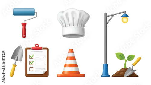 Assorted Tools: This image features a collection of tools, including a roller, chef hat, shovel, clipboard, traffic cone, and streetlamp.