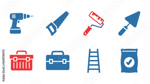 Home Improvement Tools Icon Set: A vibrant collection of hand-drawn icons represents essential home improvement and construction tools against a clean backdrop.