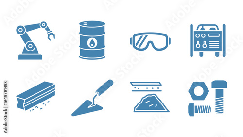 Industrial tools in Blue: A neat arrangement of essential industrial tools, rendered in a cool blue color. Each tool represents a crucial aspect of modern industry, reflecting precision.