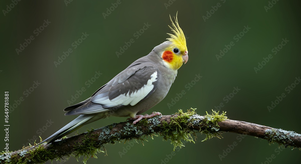 Naklejka premium Grey Cockatiel with Yellow Crest and Orange Cheek Perched on Mossy Branch, Nymphicus Hollandicus Bird Portrait