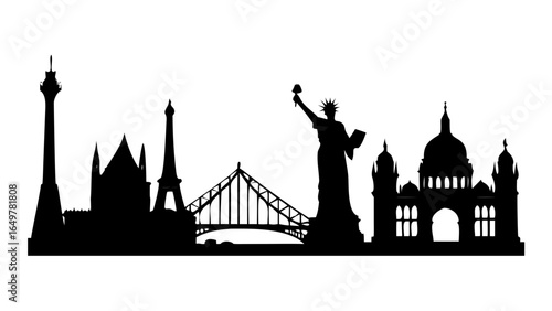 Landmarks silhouette skyline with statue of liberty eiffel tower bridge and victoria memorial cityscape design