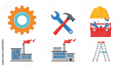 Industrial Tools and Factory Elements: A collection of essential tools and factories representing construction and industry, a symbolic composition of progress and production.