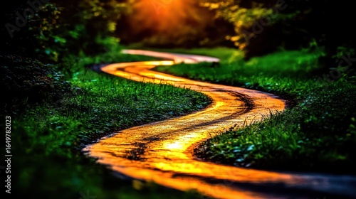 Golden Hour Path: A Winding Road Through Lush Greenery
