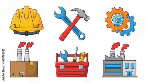 Industrial tools and factory icons: A collection of illustrations showcasing industrial tools, machinery, and factory elements, emphasizing precision, construction and production.