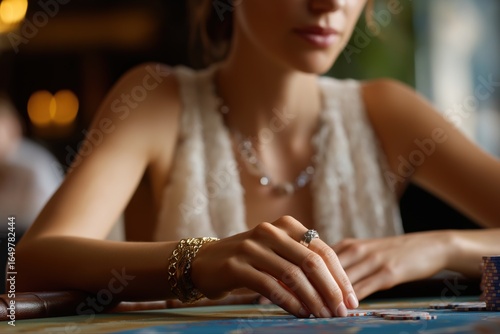 Caucasian young female playing poker in casino setting with poker chips and cards
