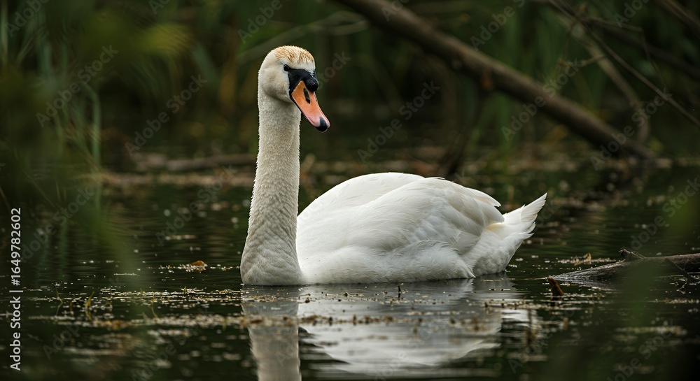 Fototapeta premium Mute Swan Swimming in Dark Shady Wetland Pond, Cinematic Profile of White Swan with Elegant S-Curved Neck
